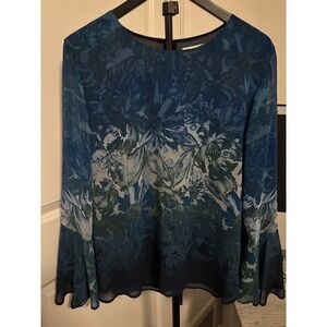 Calvin Klein‎ Women Blue Floral Sheer Bell Sleeve Keyhole Back Blouse Top SZ L